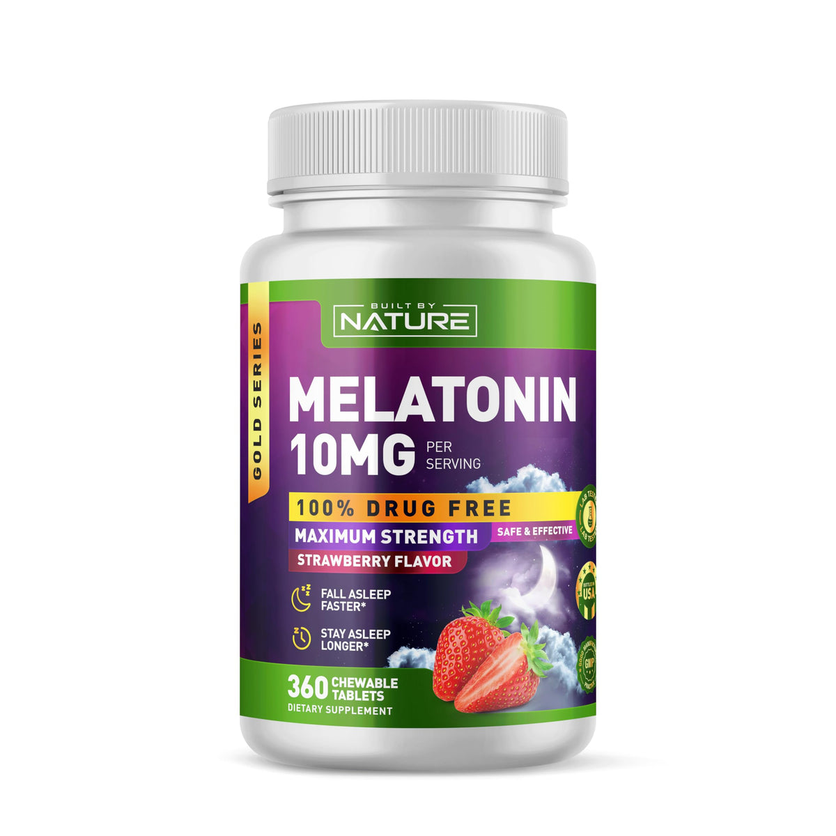 Flacon de Built by Nature Melatonine 10 mg 360 comprimés à mâcher vue de face