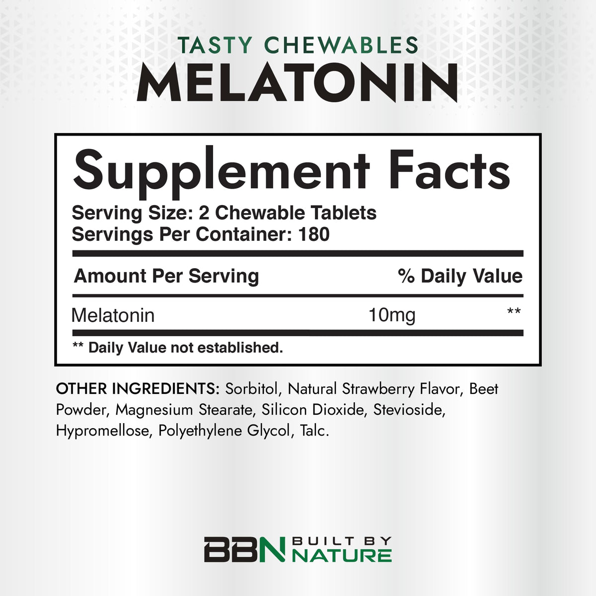 Flacon de Built by Nature Melatonine 10 mg sur une surface blanche