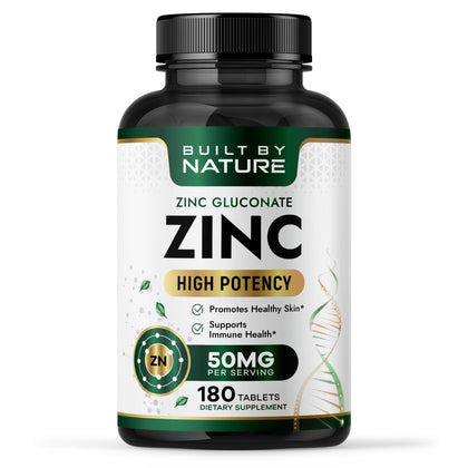 Flacon de Built by Nature Zinc 50 mg, 180 comprimés de gluconate de zinc