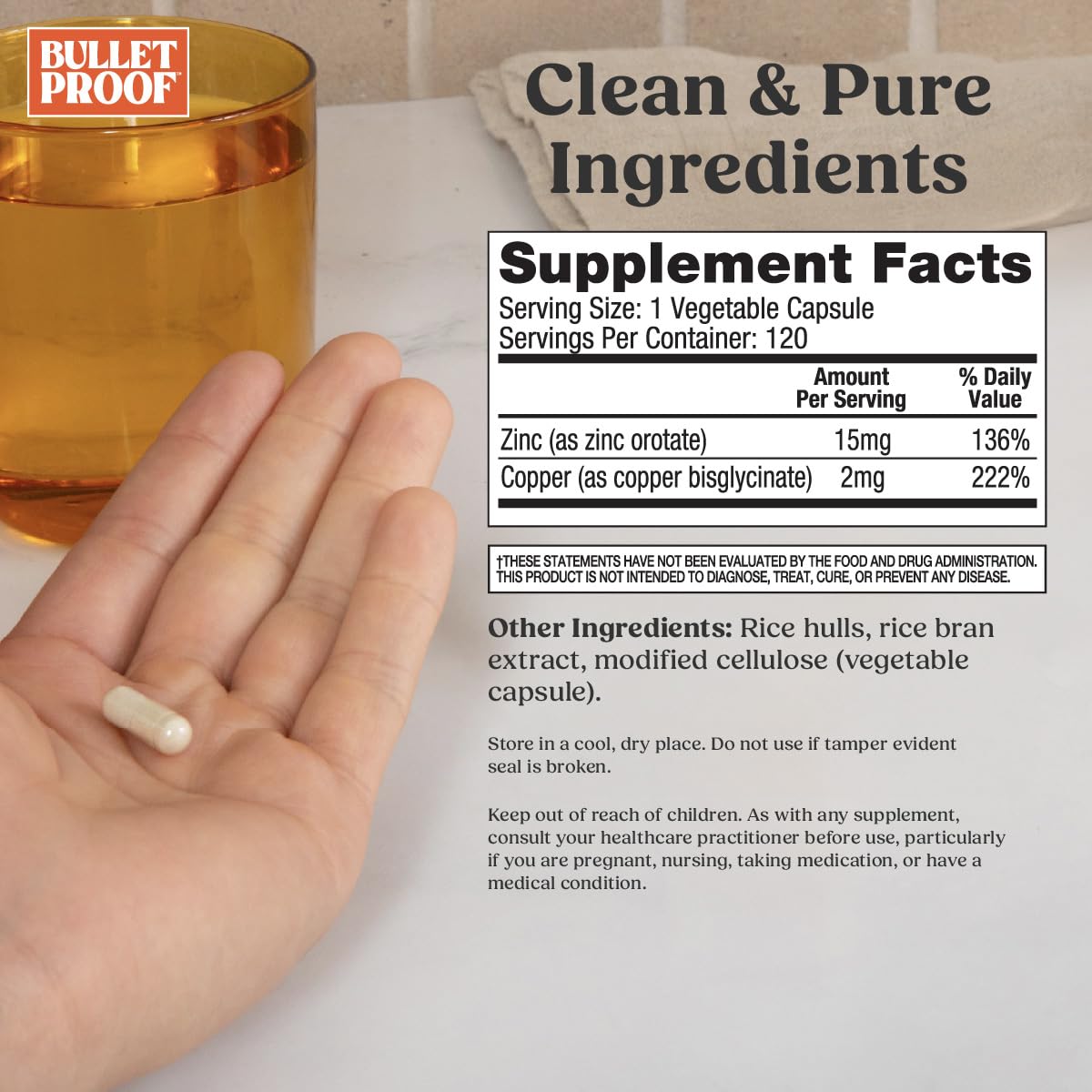 Flacon de Bulletproof Zinc avec Cuivre ouvert montrant les capsules