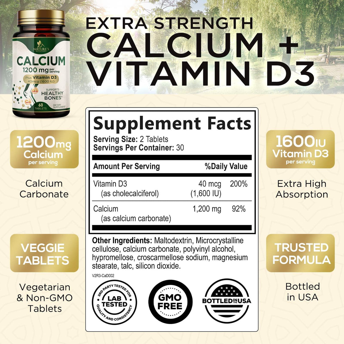 Flacon de Calcium 1200 mg avec Vitamine D3 - étiquette et dosage
