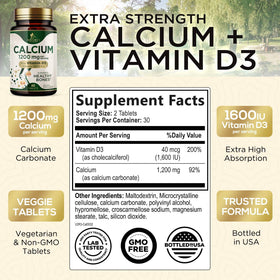 Flacon de Calcium 1200 mg avec Vitamine D3 - étiquette et dosage