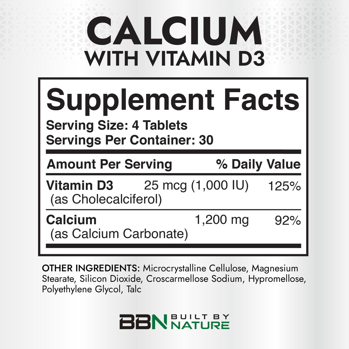 Flacon de calcium 1200mg avec vitamine D3 ouvert montrant les comprimés