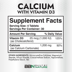 Flacon de calcium 1200mg avec vitamine D3 ouvert montrant les comprimés