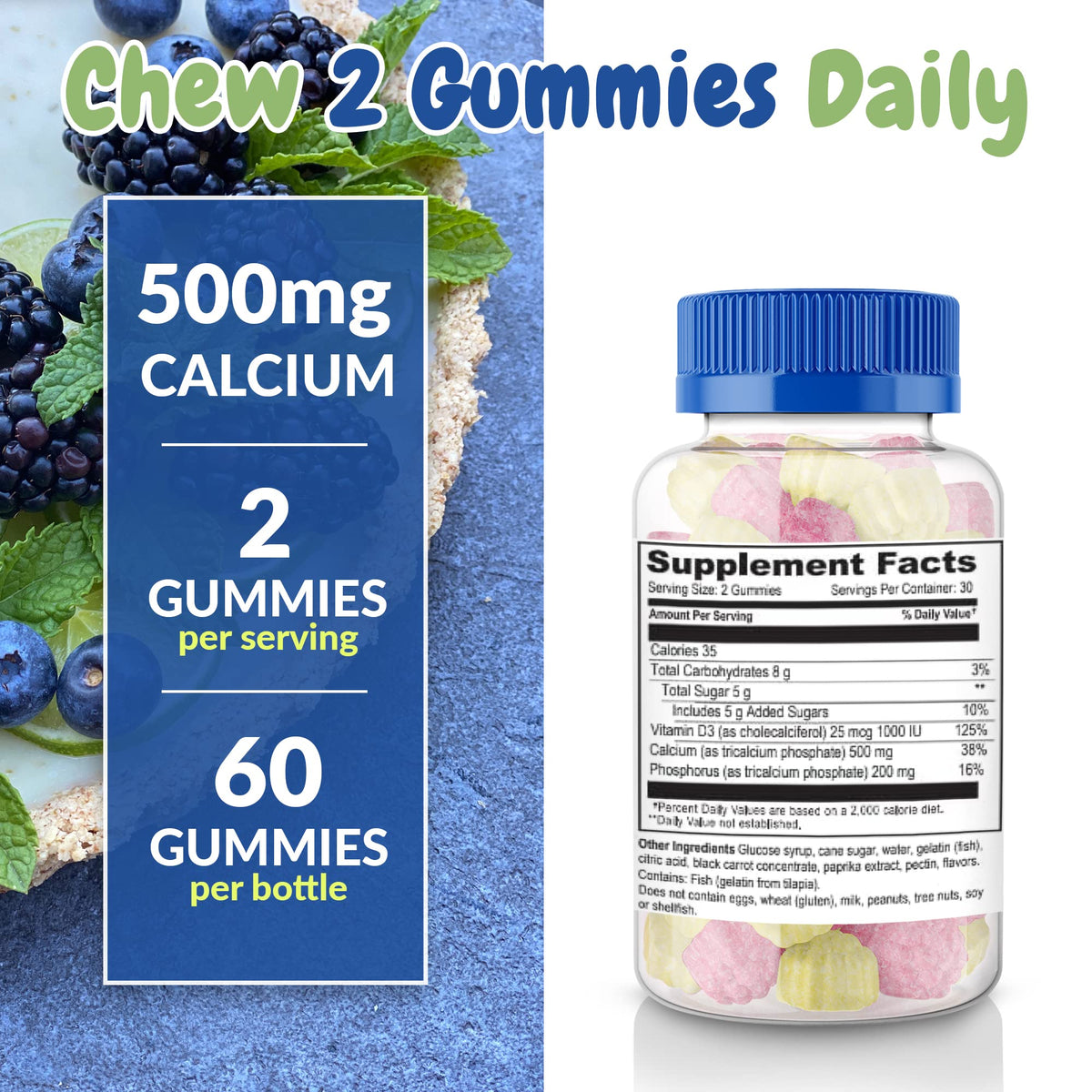 Flacon de Calcium 500mg avec Vitamine D3, informations nutritionnelles