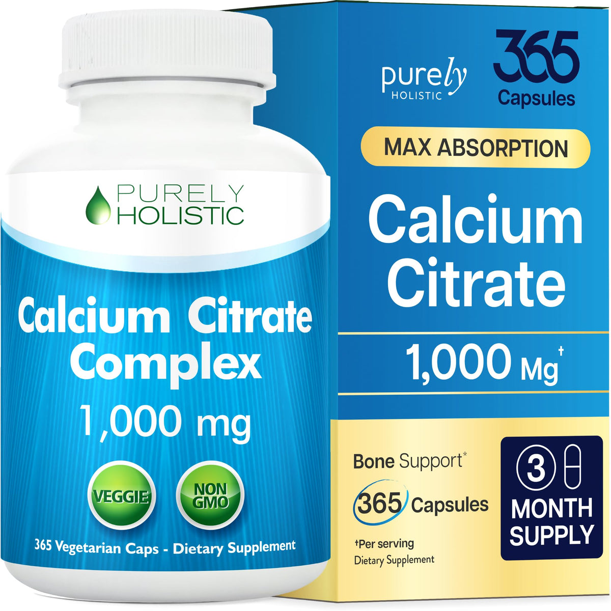 Flacon de Calcium Citrate 1000mg Purely Holistic, 365 capsules
