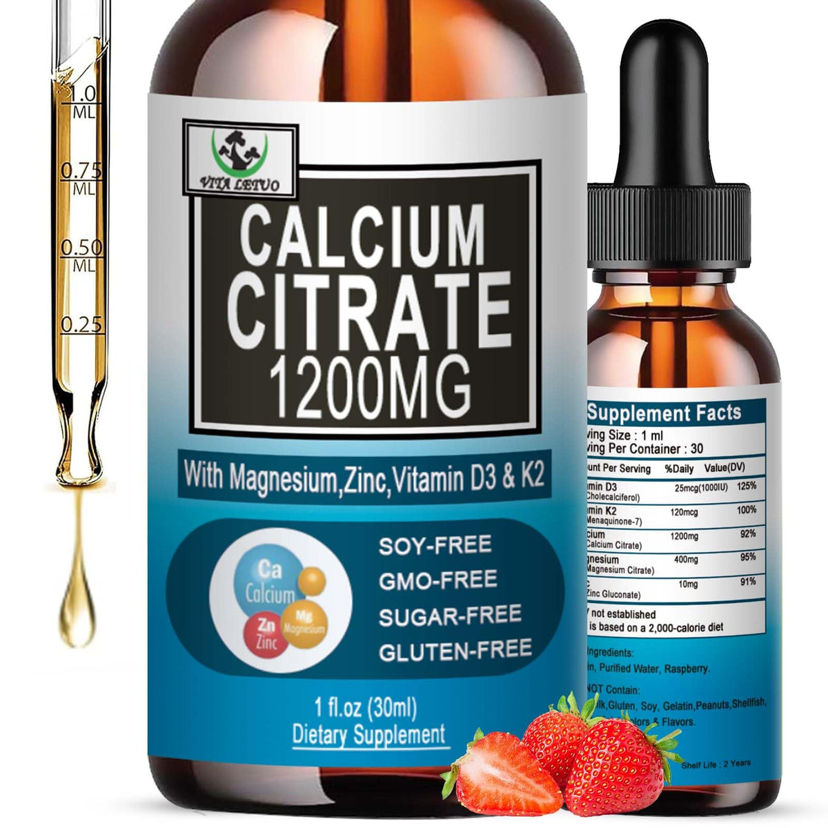 Flacon de Calcium Citrate 1200mg avec D3 de Vita letuo, vue avant