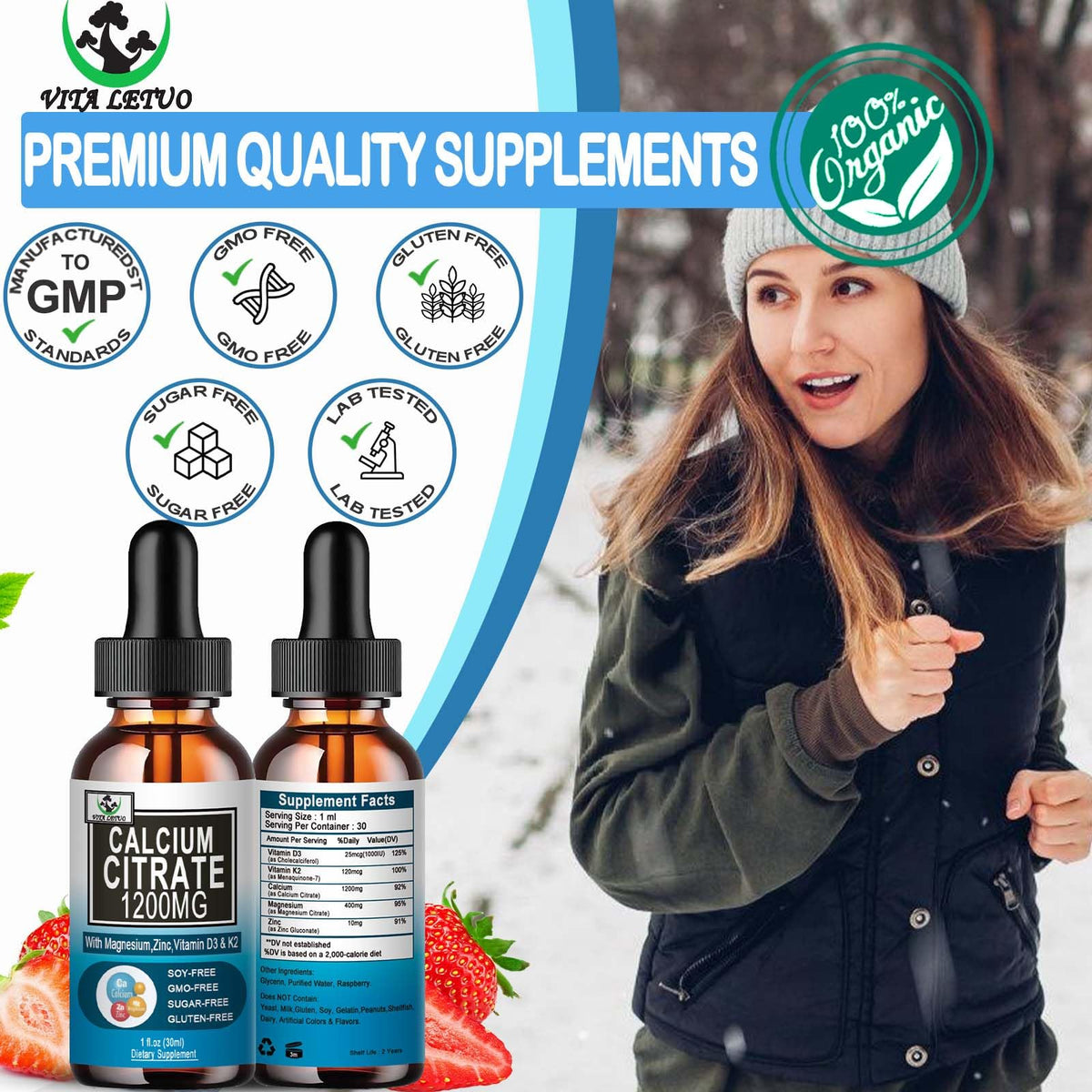 Flacon de Calcium Citrate 1200mg avec D3 sur une table avec des fruits