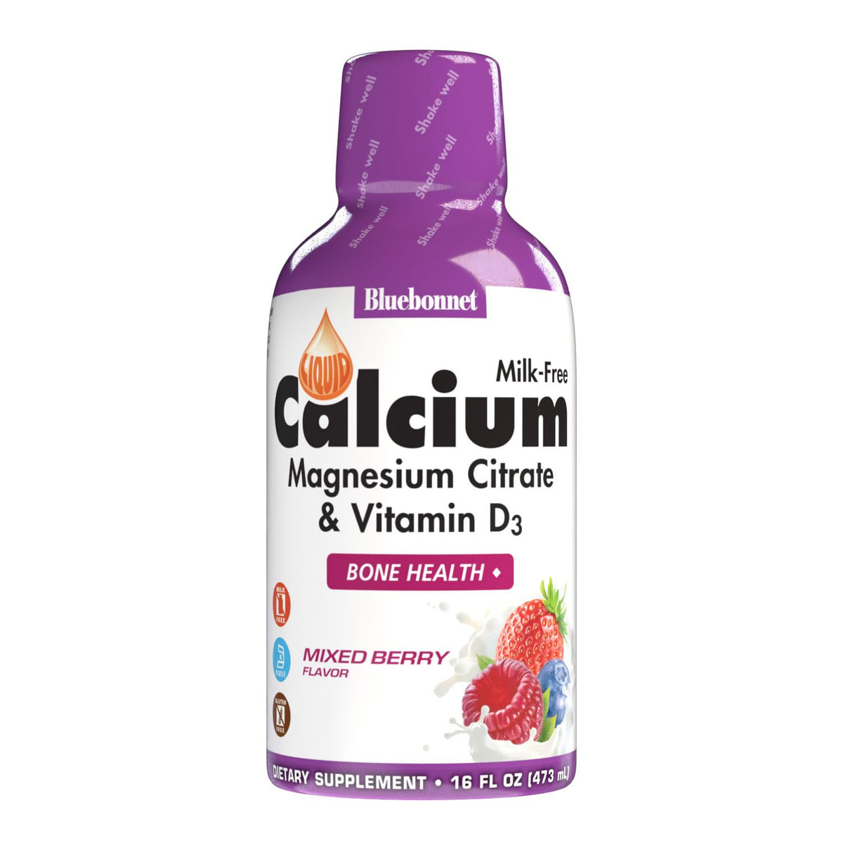 Flacon de Calcium Citrate liquide BlueBonnet 16 fl oz, goût framboise, vue de face