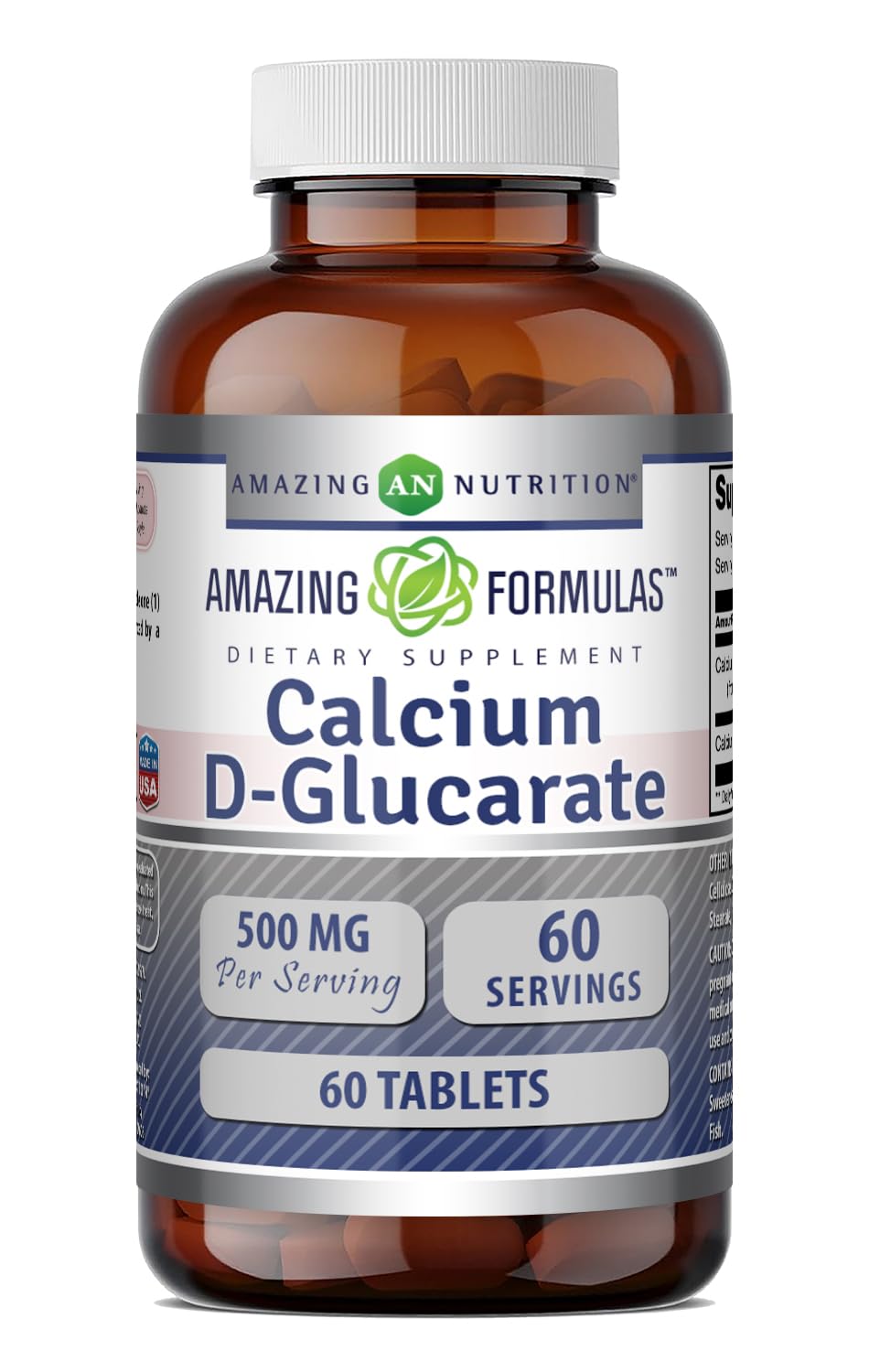 Flacon de Calcium D-Glucarate 500 Mg Amazing Nutrition, vue de face