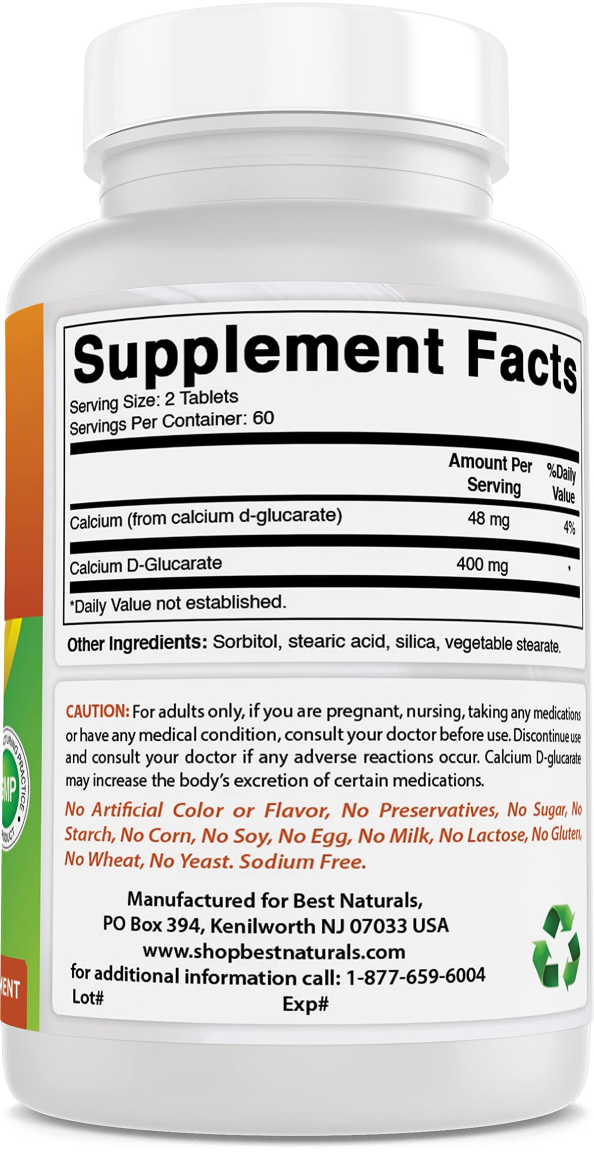 Flacon de Calcium D-Glucarate Best Naturals ouvert avec comprimés visibles