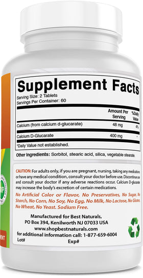 Flacon de Calcium D-Glucarate Best Naturals ouvert avec comprimés visibles