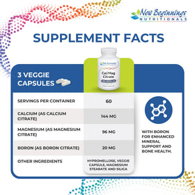 Flacon de Calcium et Magnésium New Beginnings Nutritionals avec étiquette visible