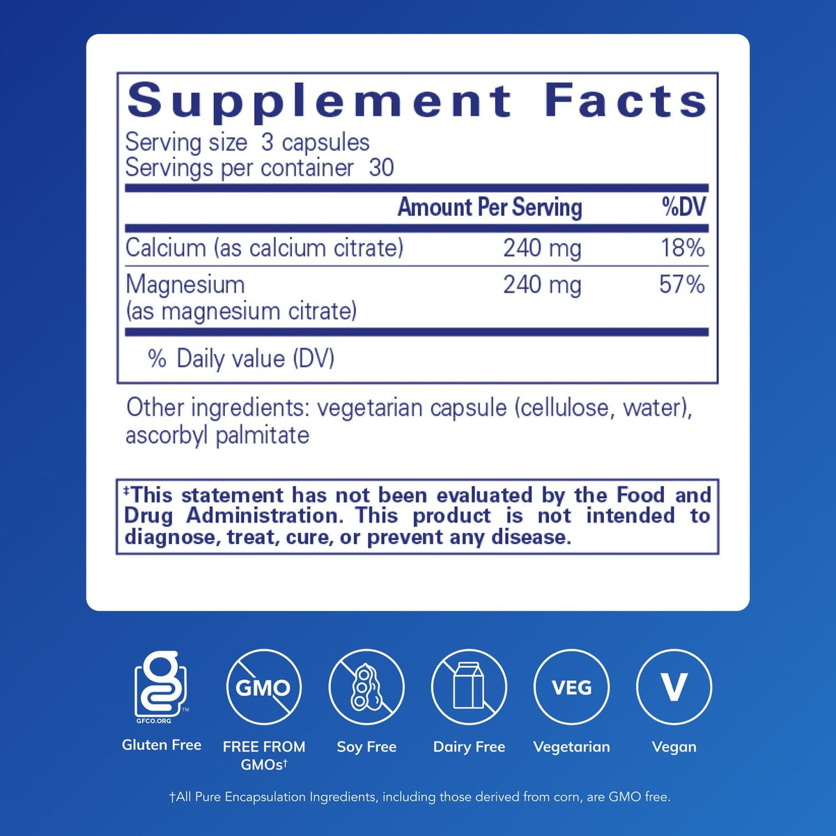 Flacon de Calcium Magnésium Citrate Pure Encapsulations, étiquette visible