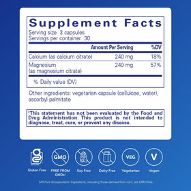 Flacon de Calcium Magnésium Citrate Pure Encapsulations, étiquette visible