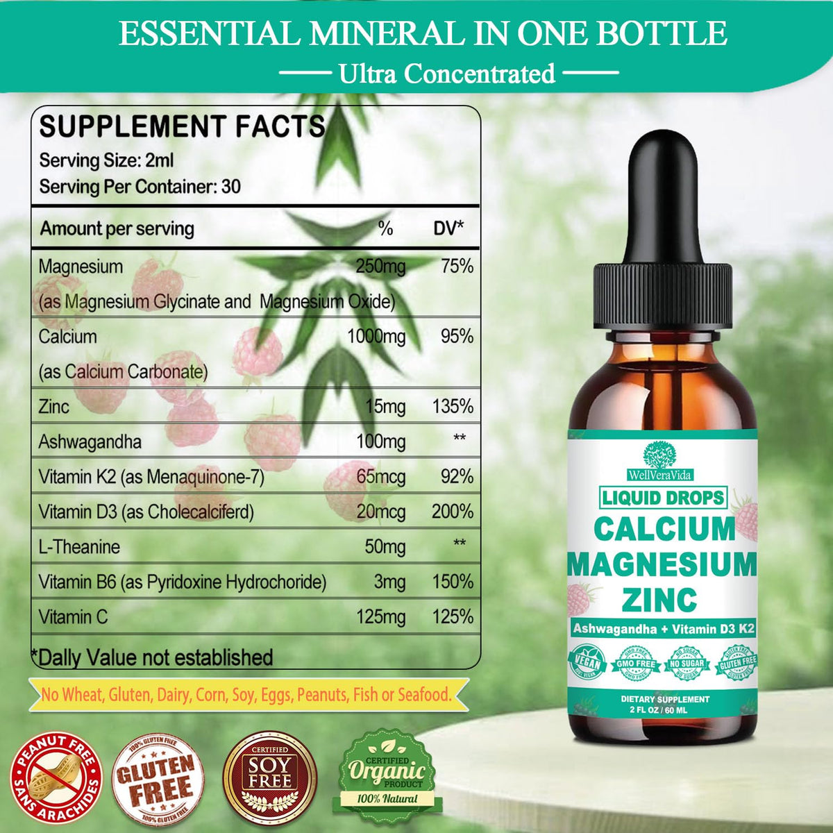 Flacon de Calcium Magnésium Zinc WellVeraVida avec des framboises fraîches