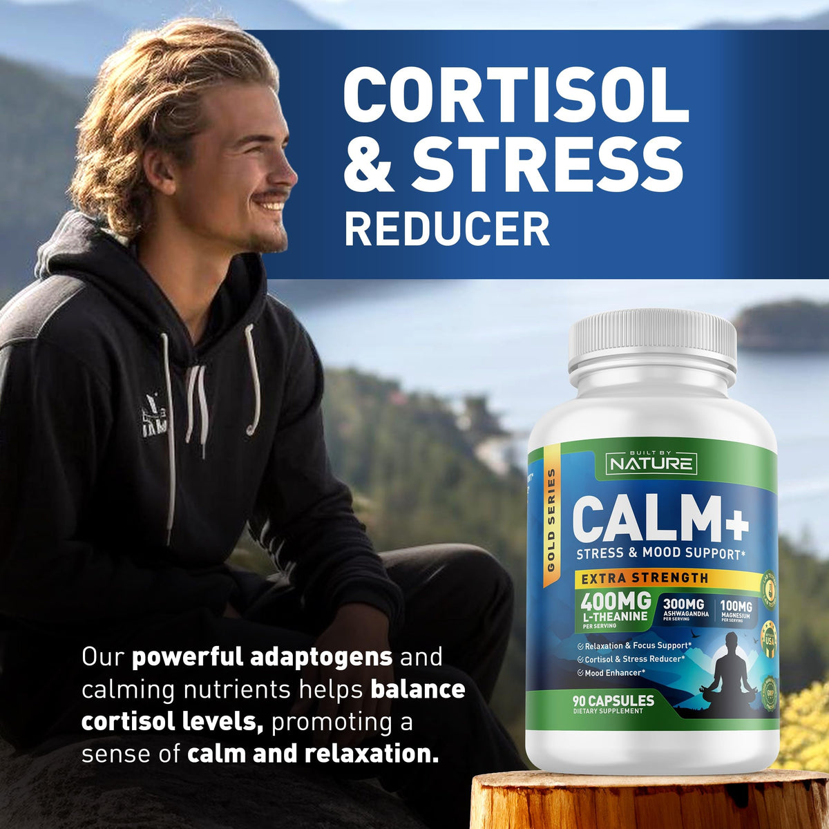 Flacon de Calm+ ouvert avec capsules visibles