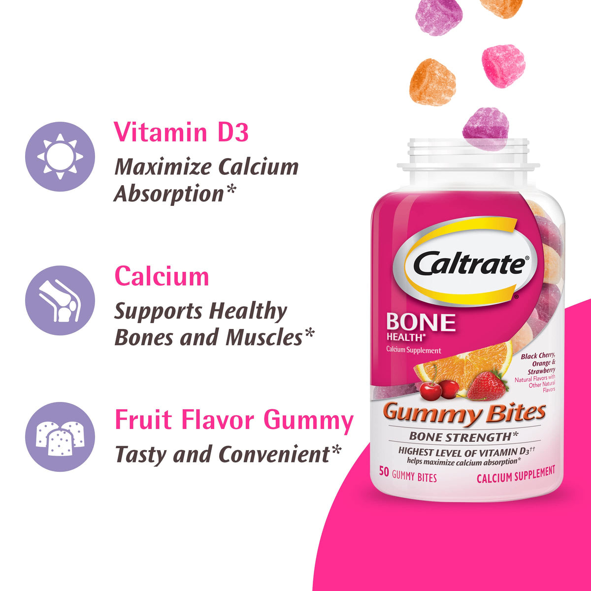 Flacon de Caltrate Gummy Bites avec étiquette visible