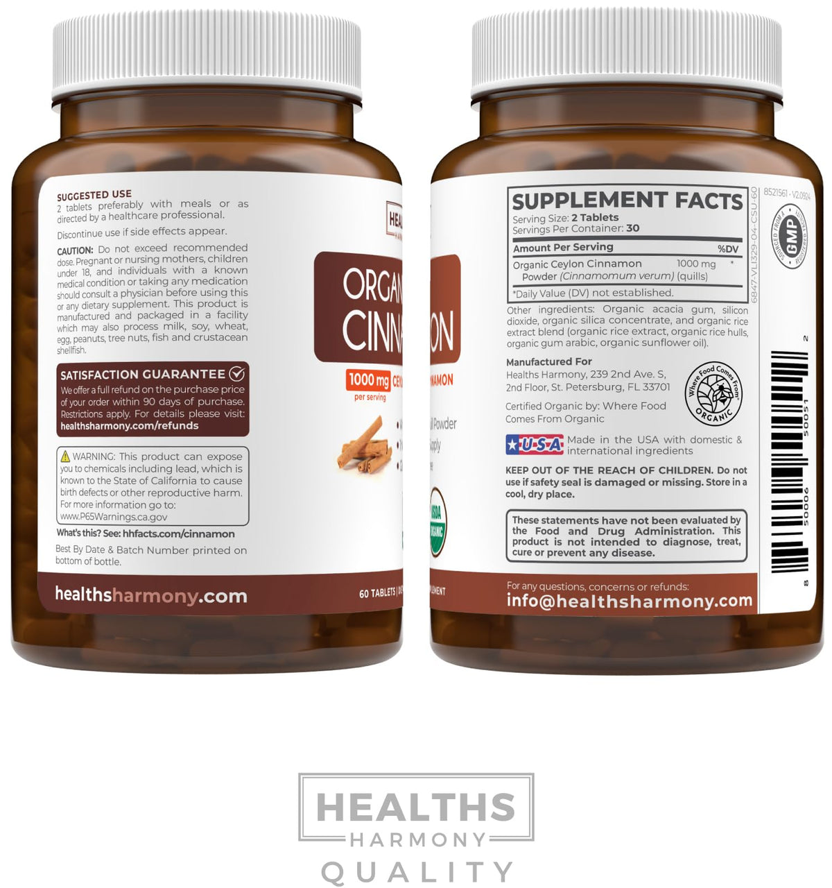 Flacon de cannelle de Ceylan Healths Harmony avec des ingrédients bio
