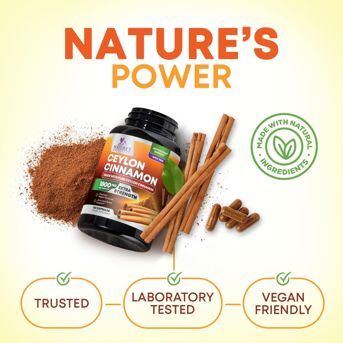 Flacon de cannelle de Ceylan Nature's Nutrition ouvert avec capsules visibles