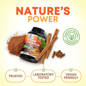 Flacon de cannelle de Ceylan Nature's Nutrition ouvert avec capsules visibles