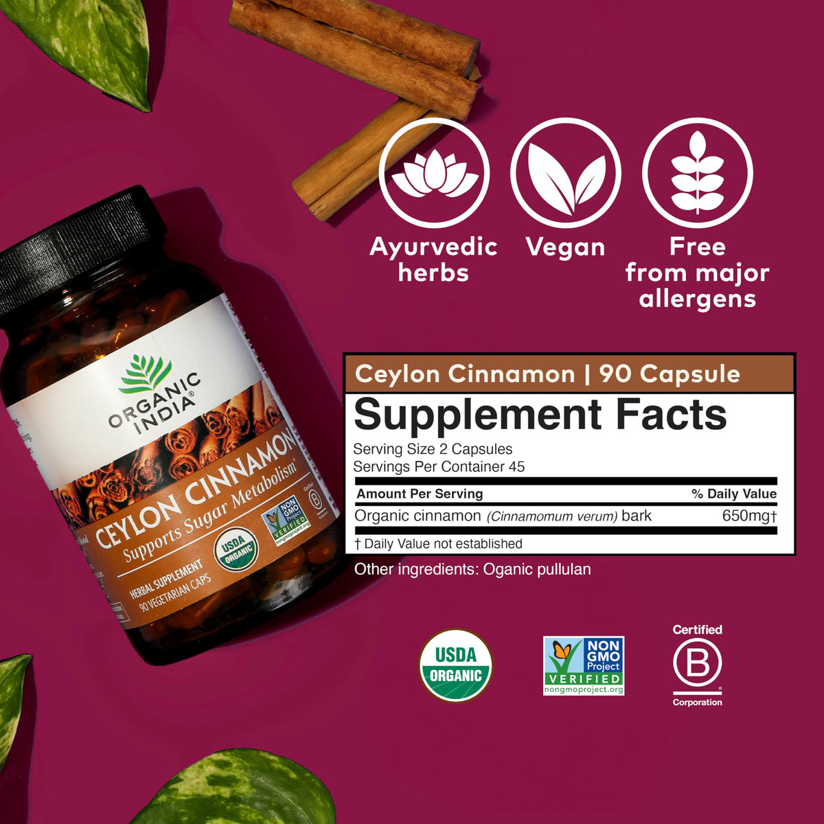 Flacon de cannelle de Ceylan ORGANIC INDIA avec étiquette visible