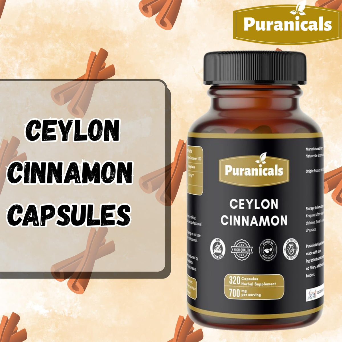Flacon de Cannelle de Ceylan Puranicals avec étiquette visible