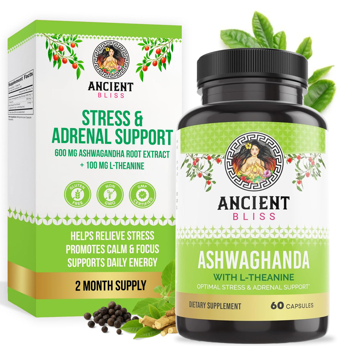 Flacon de capsules Ashwagandha Ancient Bliss avec L-Théanine et Extrait de Poivre Noir