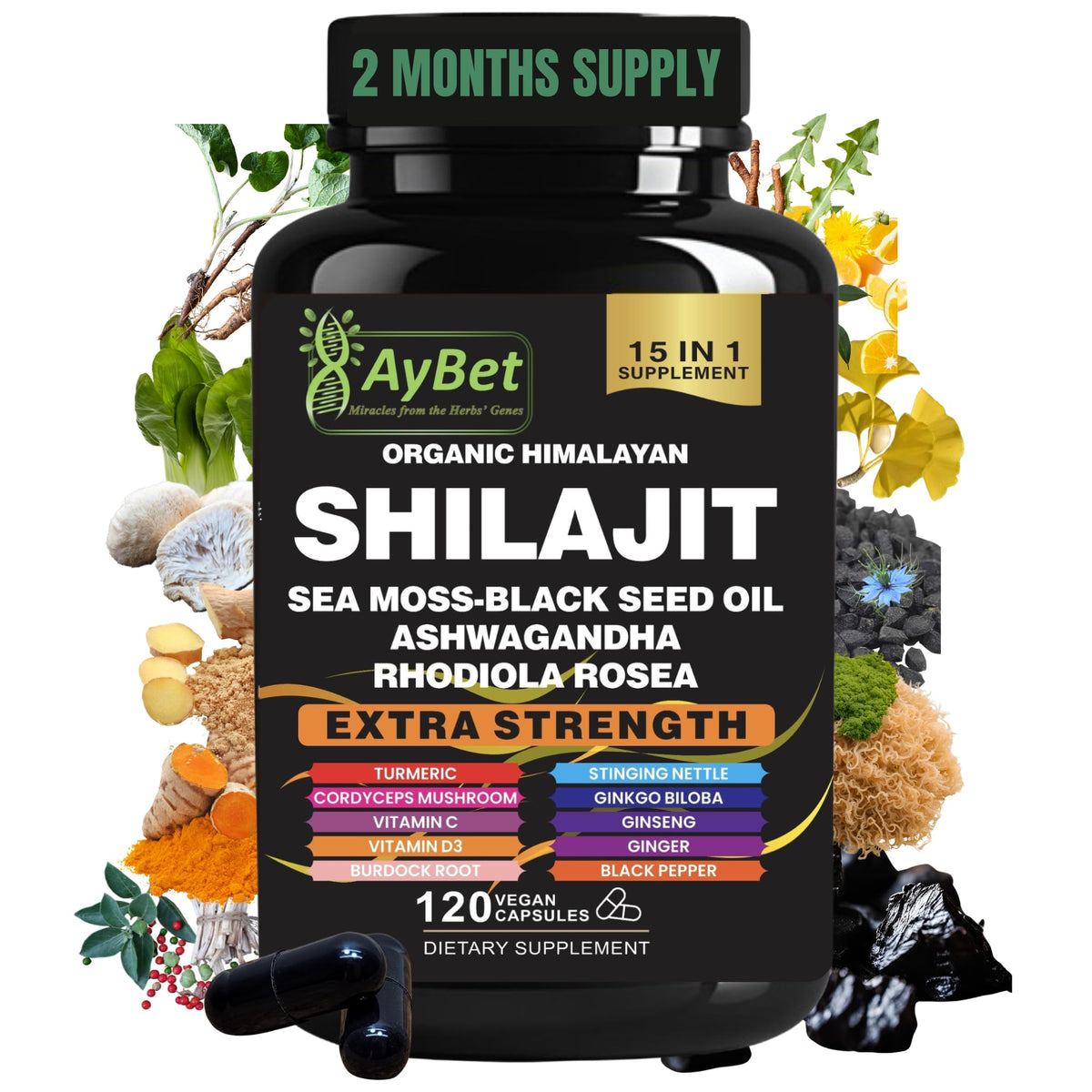 Flacon de capsules AyBet Shilajit 120 avec étiquette bio