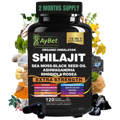 Flacon de capsules AyBet Shilajit 120 avec étiquette bio