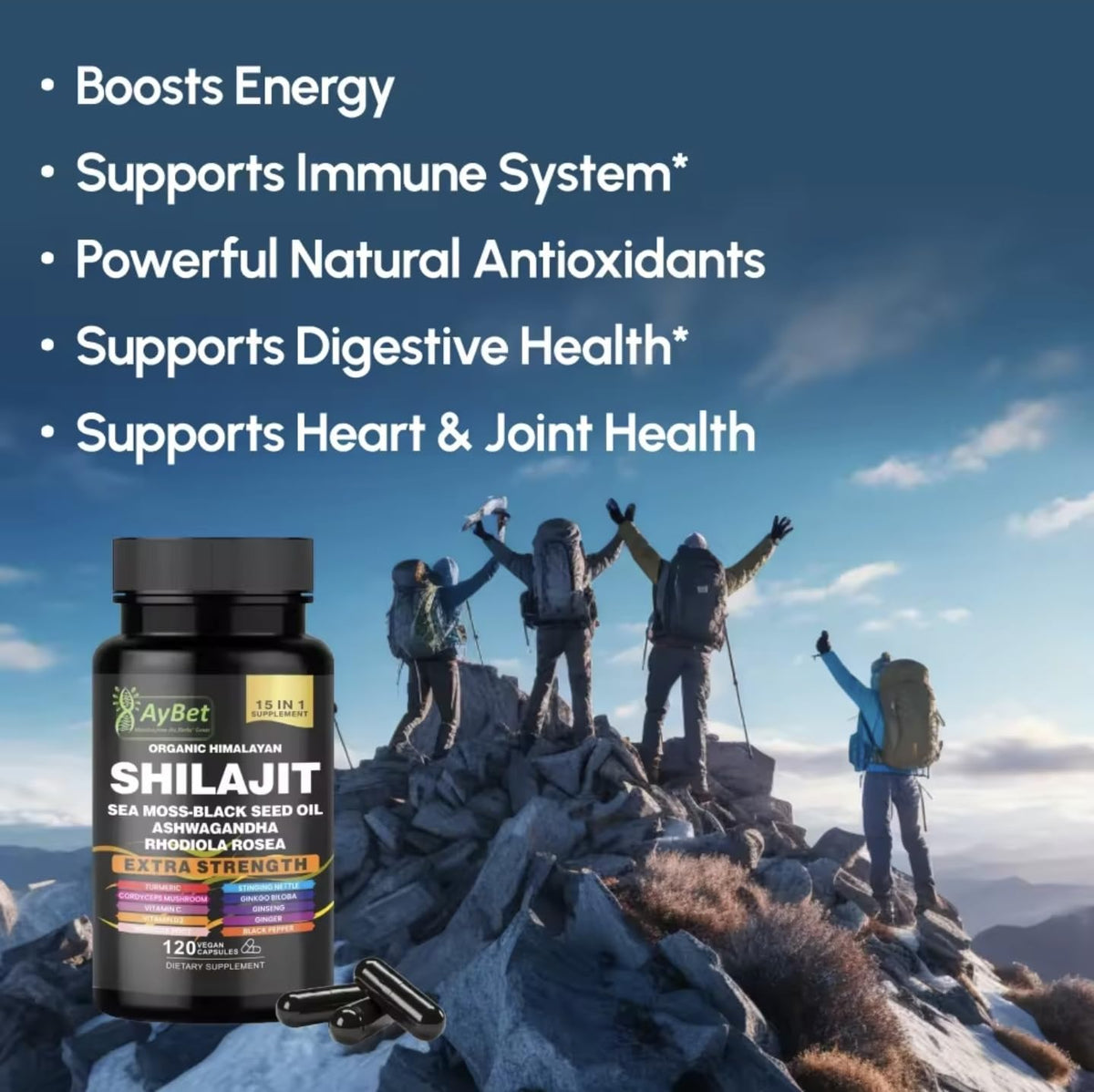 Flacon de capsules AyBet Shilajit ouvert avec capsules visibles