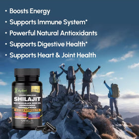 Flacon de capsules AyBet Shilajit ouvert avec capsules visibles