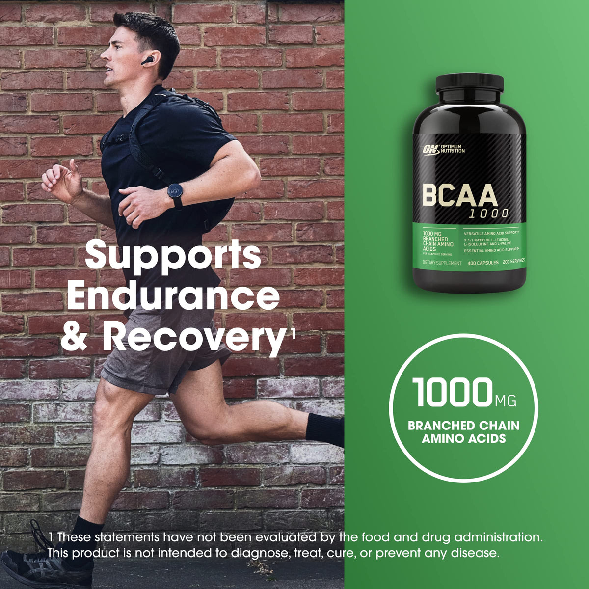 Flacon de capsules BCAA Optimum Nutrition avec arrière-plan sportif