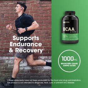 Flacon de capsules BCAA Optimum Nutrition avec arrière-plan sportif
