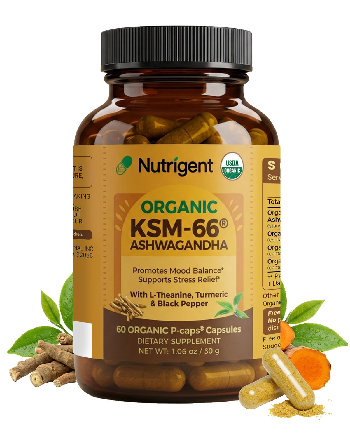Flacon de capsules bio Nutrigent KSM-66 Ashwagandha 600mg