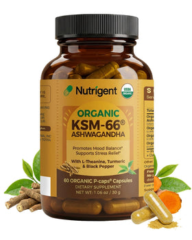 Flacon de capsules bio Nutrigent KSM-66 Ashwagandha 600mg