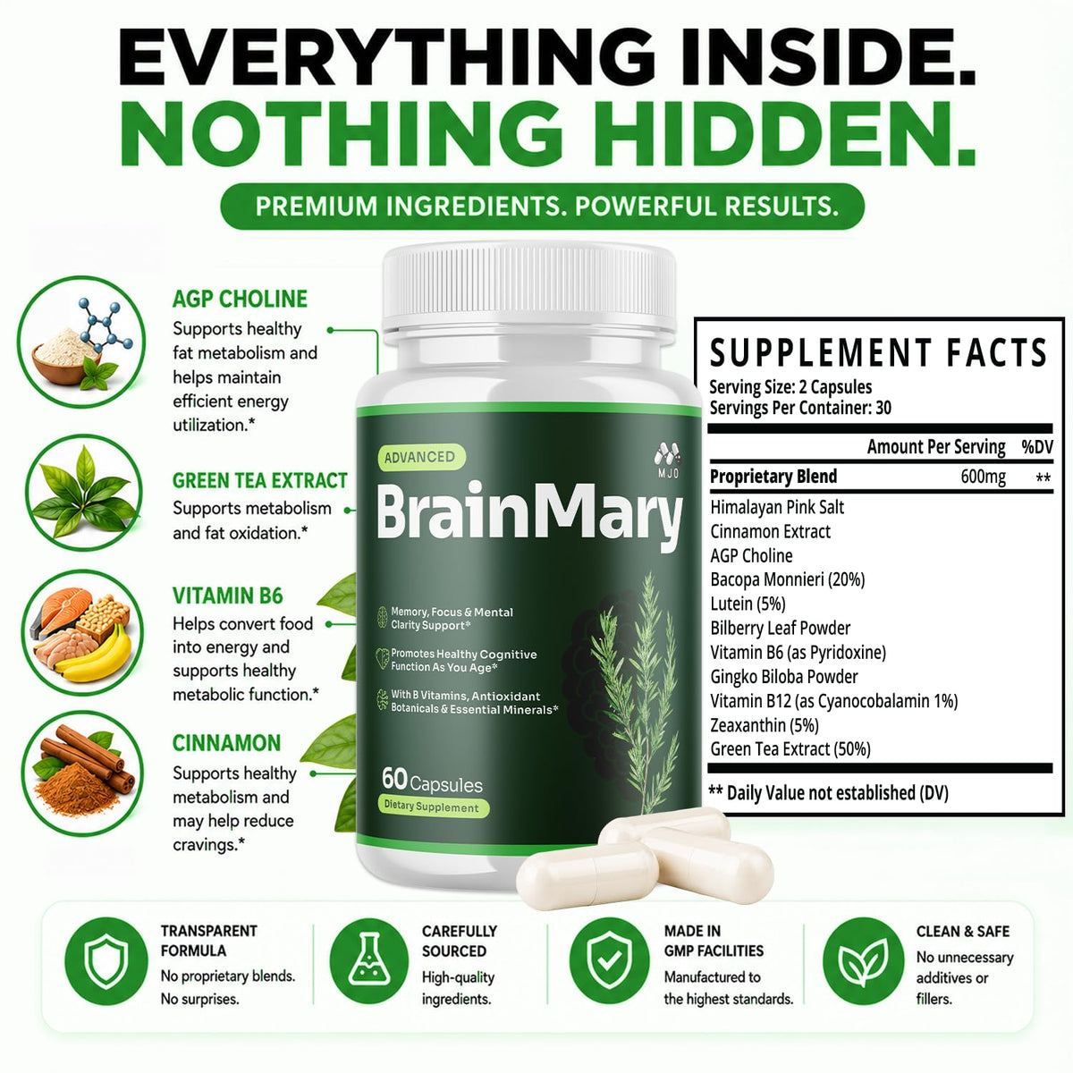 Flacon de capsules BrainMary ouvert avec capsules visibles