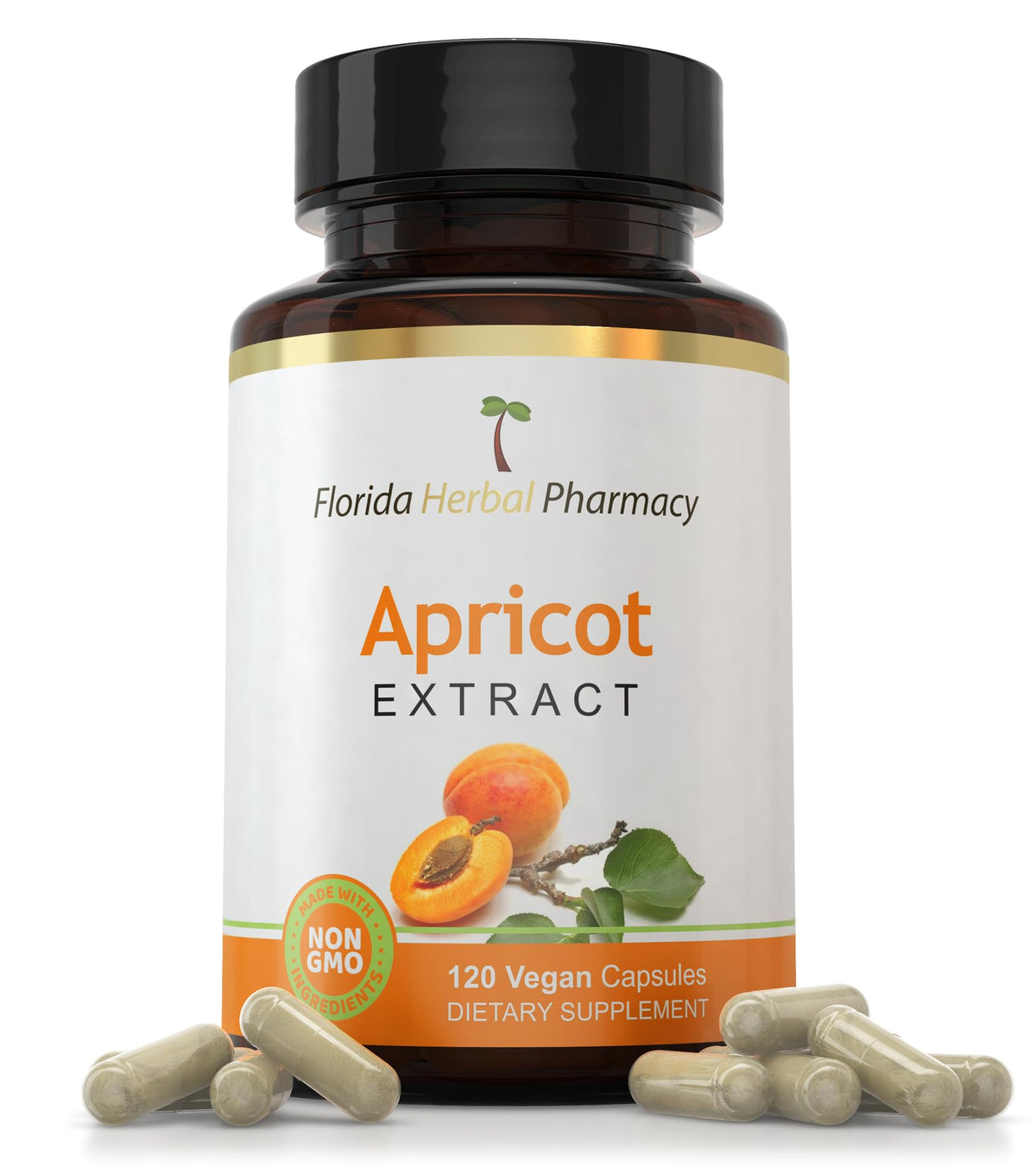 Flacon de capsules d'abricot Florida Herbal Pharmacy dans un environnement naturel