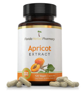 Flacon de capsules d'abricot Florida Herbal Pharmacy dans un environnement naturel