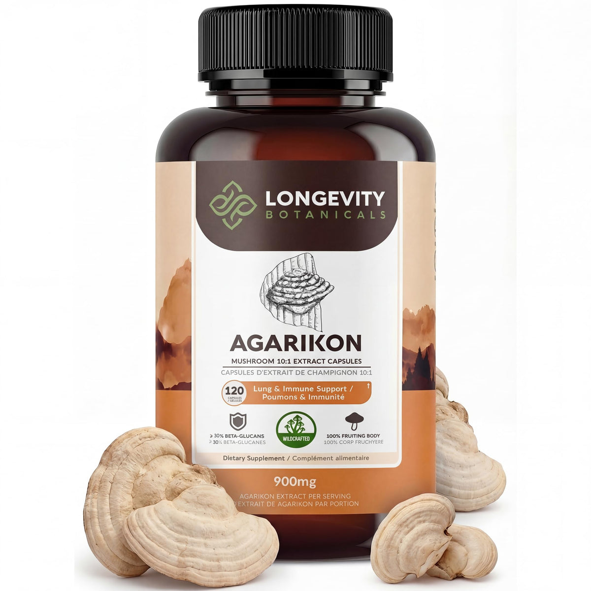 Flacon de capsules d'Agarikon 900mg de Longevity Botanicals