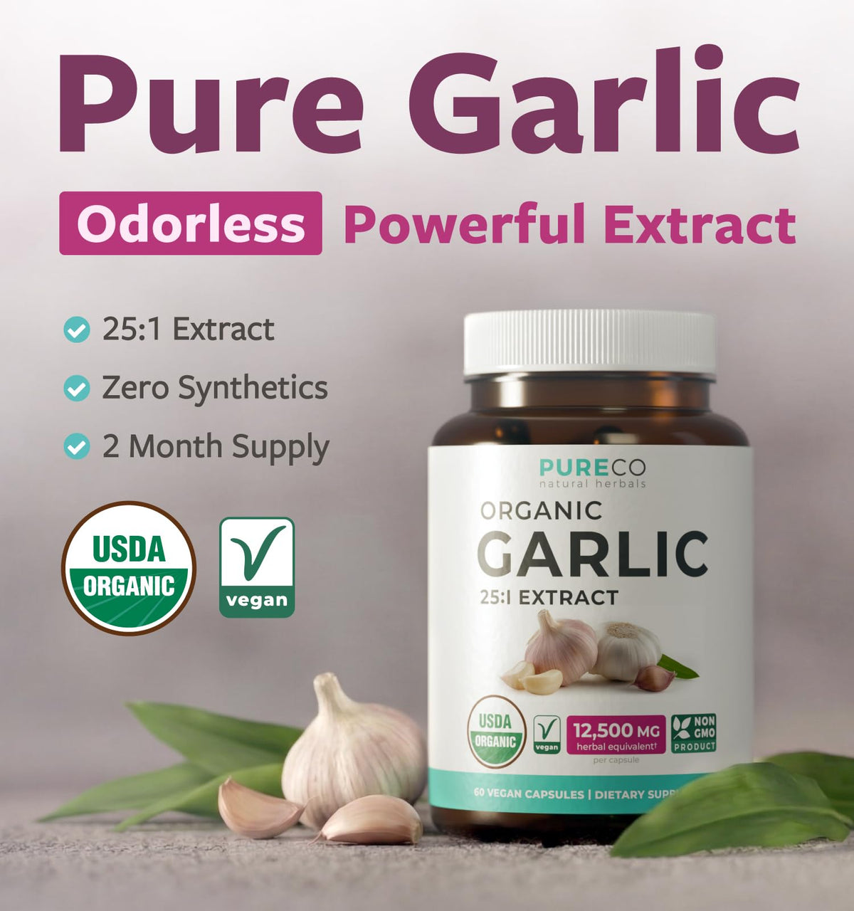 Flacon de capsules d'ail bio PURE CO, étiquette visible