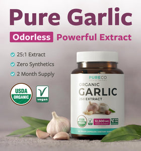 Flacon de capsules d'ail bio PURE CO, étiquette visible