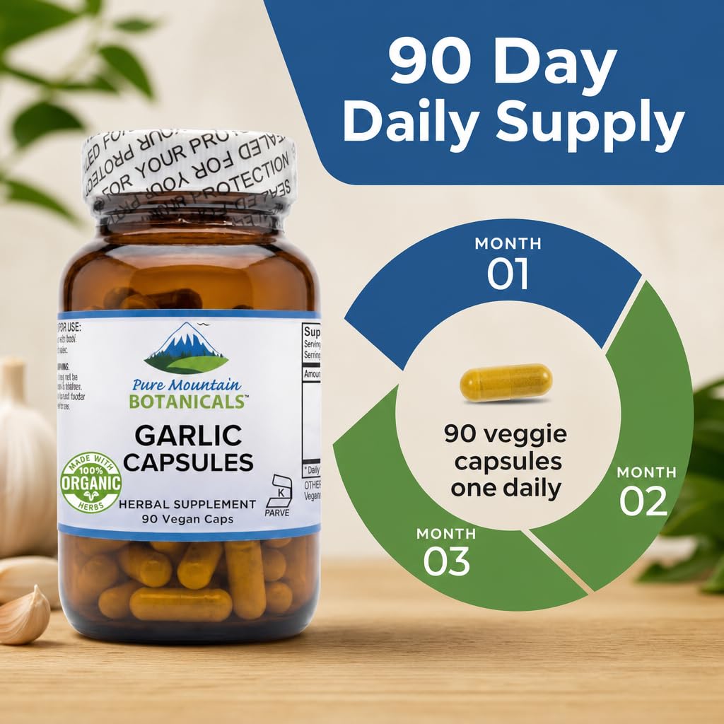 Flacon de capsules d'ail bio Pure Mountain Botanicals 500mg avec des ingrédients naturels