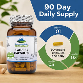 Flacon de capsules d'ail bio Pure Mountain Botanicals 500mg avec des ingrédients naturels