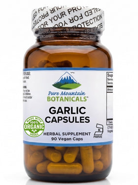 Flacon de capsules d'ail bio Pure Mountain Botanicals 500mg, vue de face