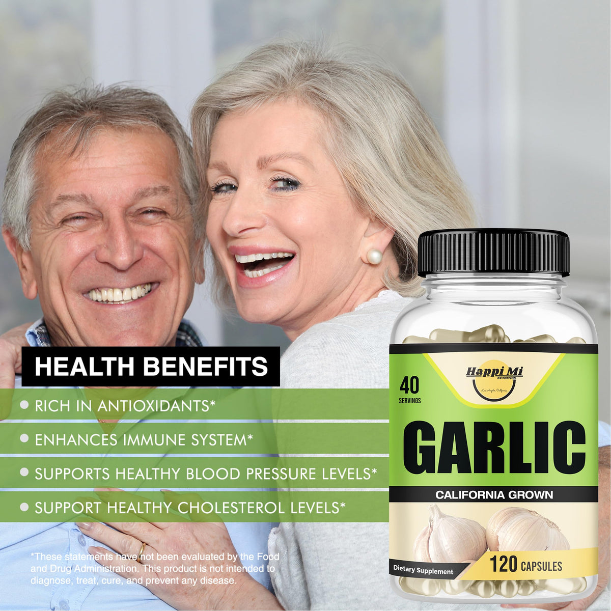 Flacon de capsules d'ail Happi Mi Nutrition avec étiquette visible