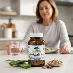 Flacon de capsules d'Aloe Vera avec étiquette visible