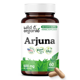 Flacon de capsules d'arjuna Wild & Organic de 60 unités, vue de face