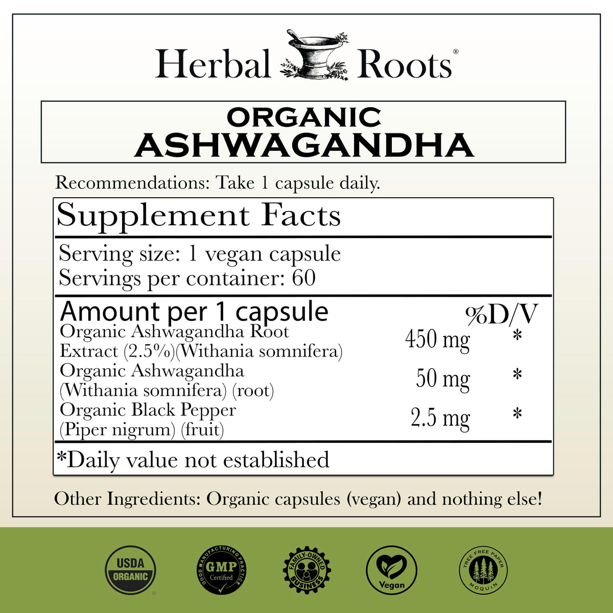 Flacon de capsules d'ashwagandha bio Herbal Roots, étiquette visible