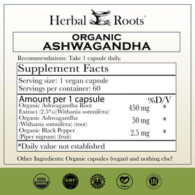 Flacon de capsules d'ashwagandha bio Herbal Roots, étiquette visible